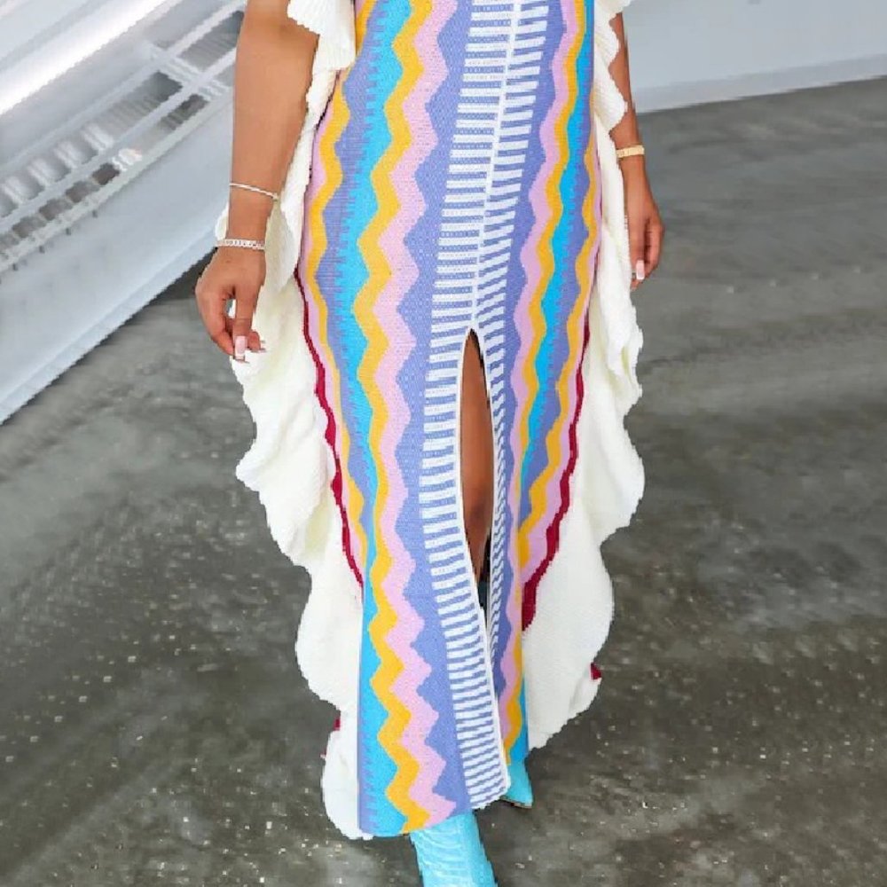 Sky Blue Casual Print Slit O Neck Long Dress